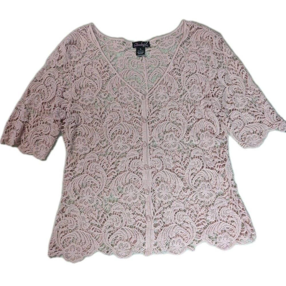 Questions by Say What? Pink Crochet Lace Button Down Cardigan XL 100% Cotton